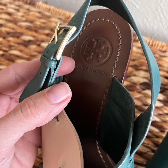 Tory Burch teal green white cream Colorblock Heel geometric sandal sling back 8 - Picture 3 of 10